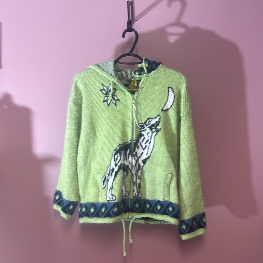 Vintage Green Aztec Tejidos Ruminahui Wolf zip up hoodie M